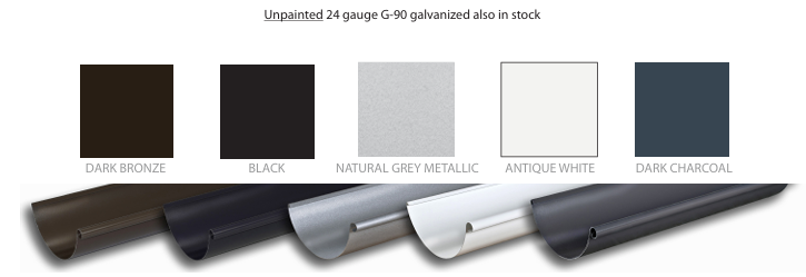 A row of different colored gutters are lined up on a white background.