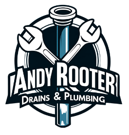 Logo for Andy Rooter Drains & Plumbing: wrench and pipe, blue and white design.