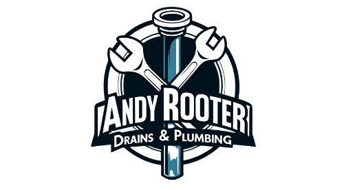 Logo for Andy Rooter: pipe, wrenches, name in bold font, 