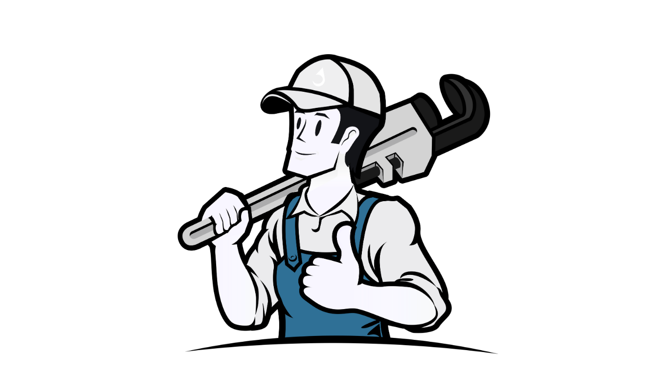 Plumber with a wrench giving a thumbs-up, wearing a cap and overalls.