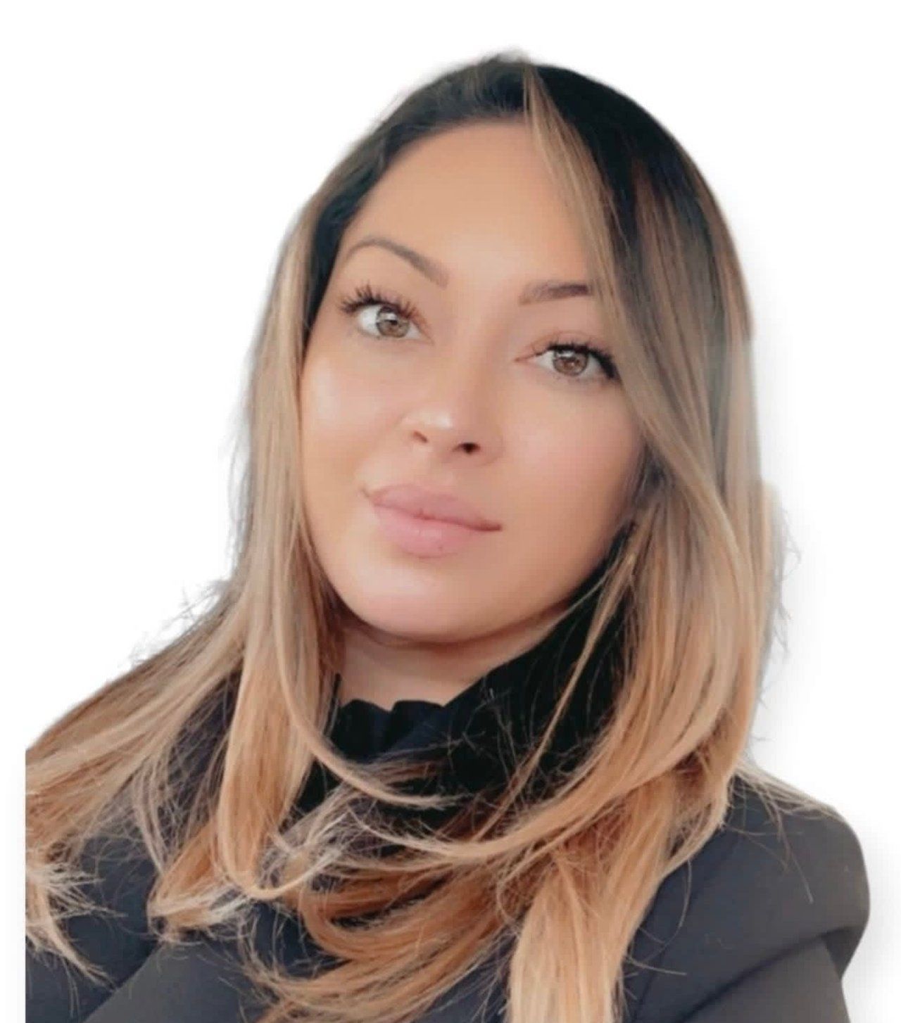 A woman with long blonde hair is wearing a black jacket.