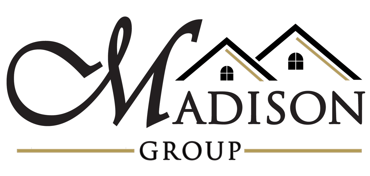 The madison group logo is a black and gold logo with a house on it.