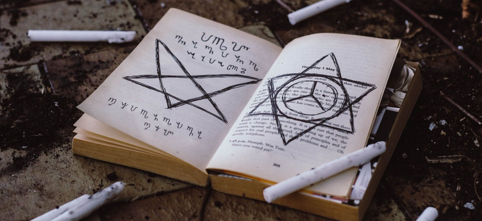 A book is open to a page with a pentagram on it