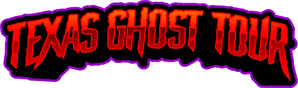 The logo for texas ghost tour is purple and red.