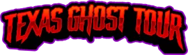 The logo for texas ghost tour is purple and red.