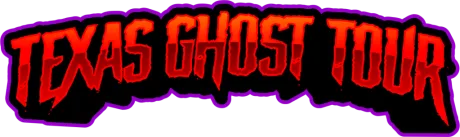 The logo for texas ghost tour is purple and red.