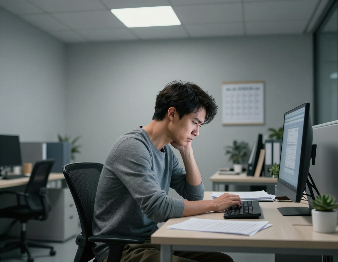 Person at desk with poor posture and headache triggers