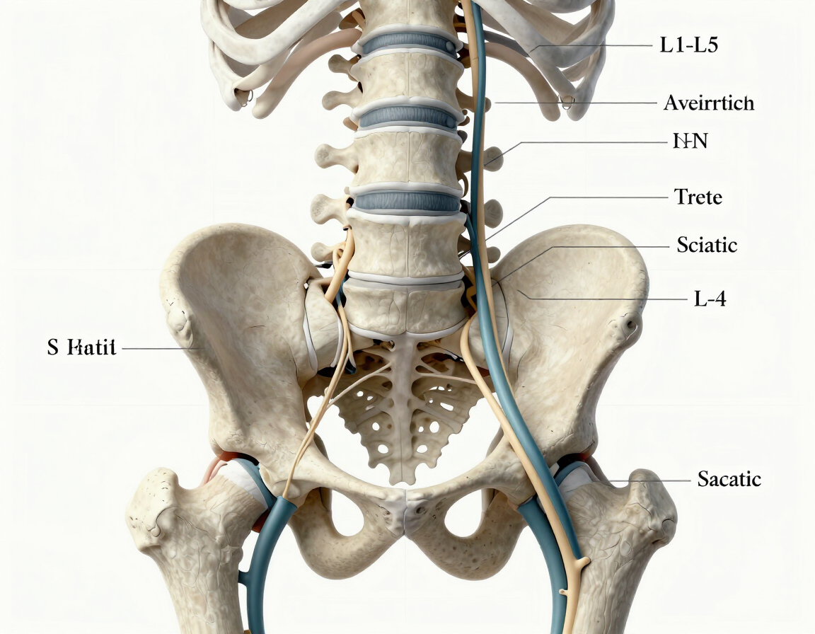 Anatomical diagram of the lumbar spine and sciatic nerve pathway