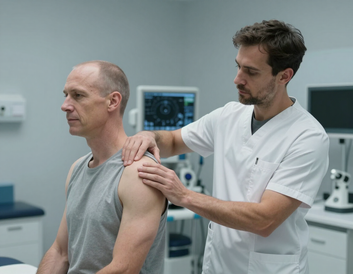 Clinician conducting shoulder mobility assessment