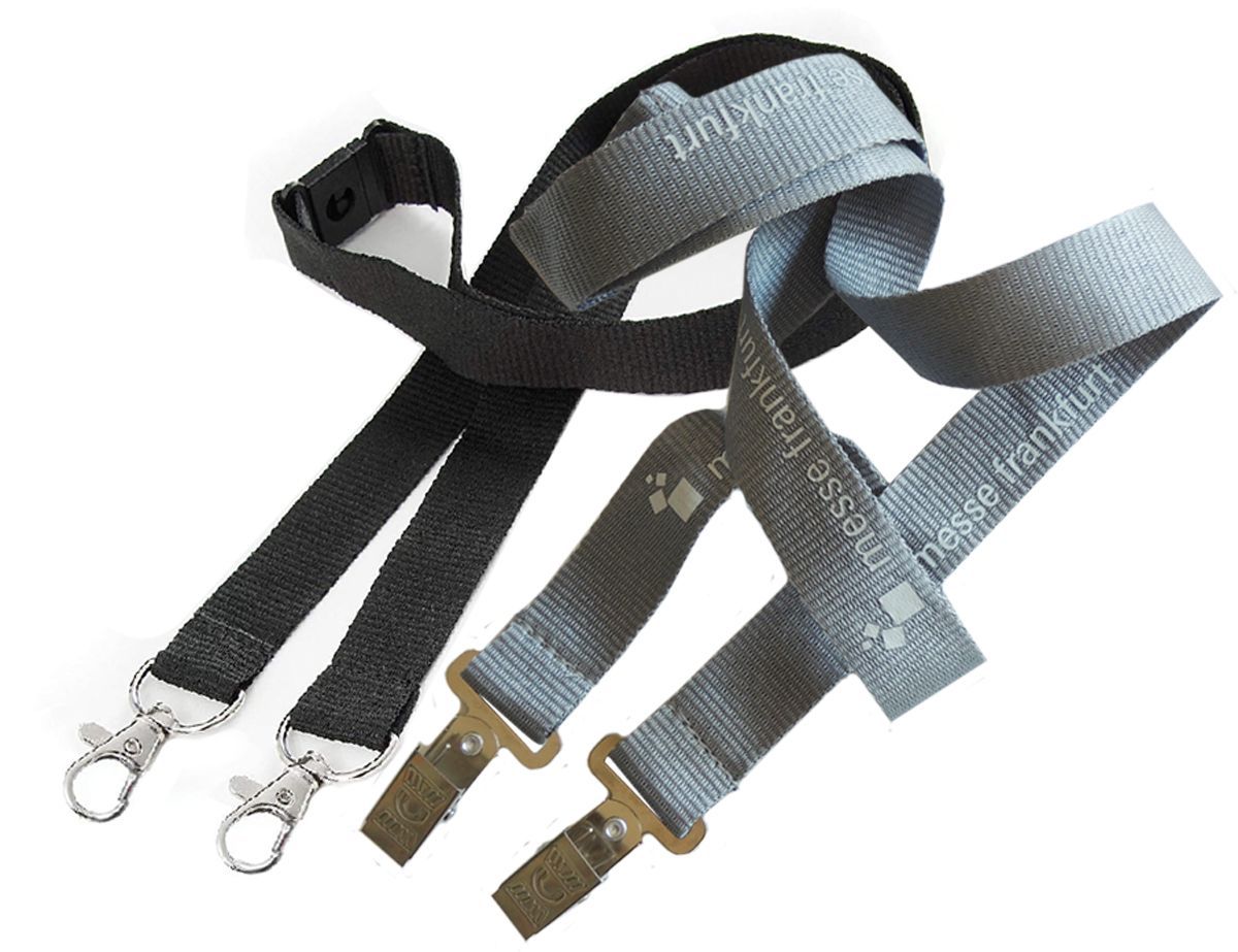 Lanyard mit Klemme, Lanyard zwei Karabiner, Lanyard zwei Befestigungen, Lanyard zwei Kroko, Lanyard bedruckt, Lanyard mit Aufdruck, Lanyard eigener Druck, Ausweishülle, Handyhülle, Messehülle 
