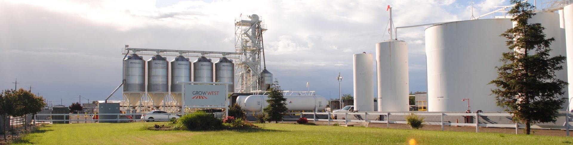 Large industrial facility with silos and tanks on a grassy field under a cloudy sky.