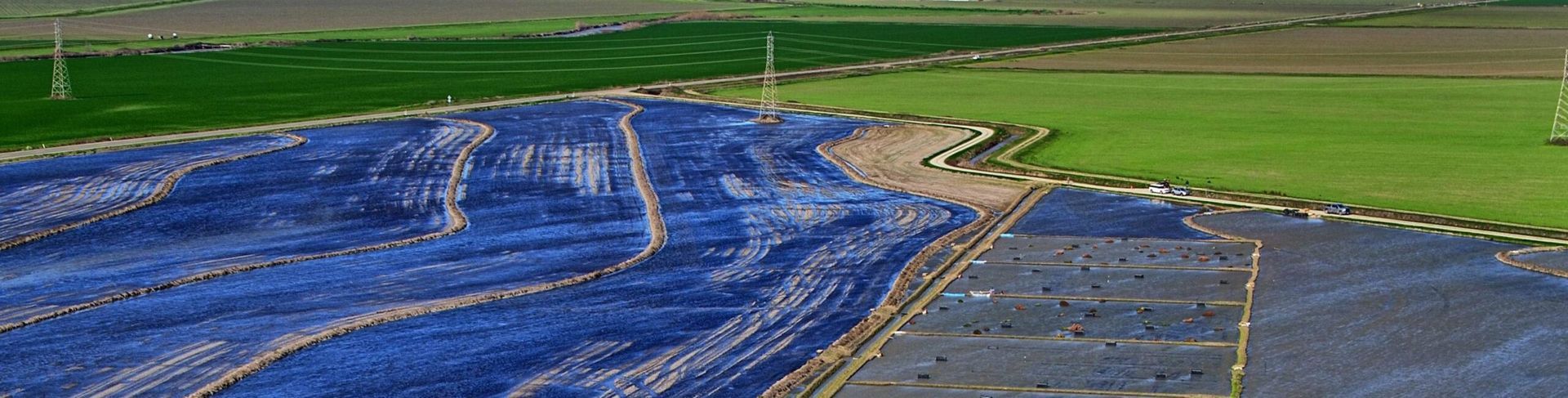 Aerial view of farmland with blue and green fields, divided by pathways.