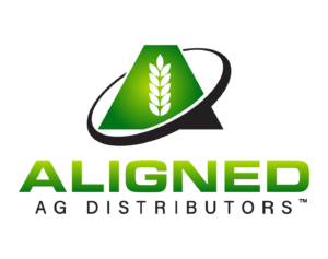 Aligned AG Distributors logo featuring a green A with a wheat stalk, encircled by a black swoosh, green text below.