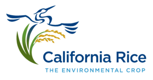 Logo for California Rice: Blue bird over rice stalks, text 