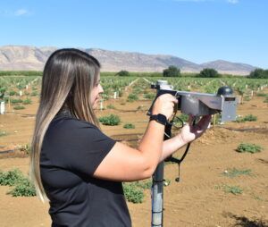 Woman holding a device, inspecting plants in an orchard field. Mountains and blue sky in the background.