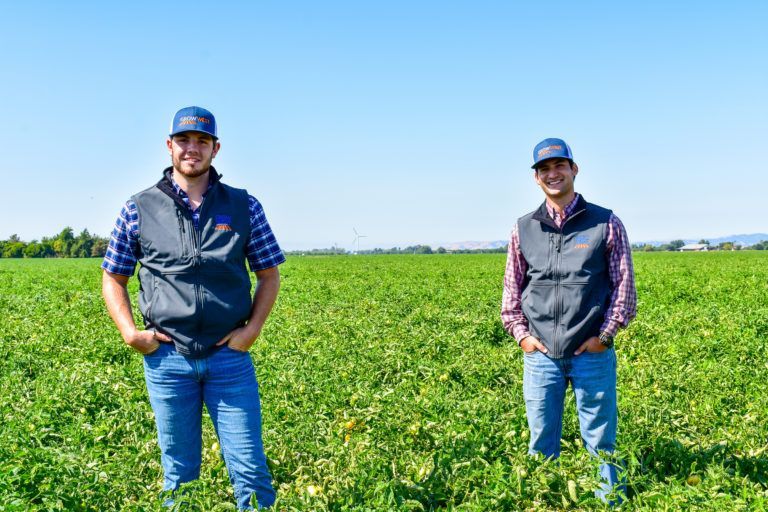 Two men in a green field, wearing vests and hats, standing in a sunny field.
