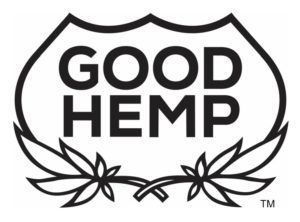 Logo for Good Hemp: text within a shield shape, with cannabis leaves.
