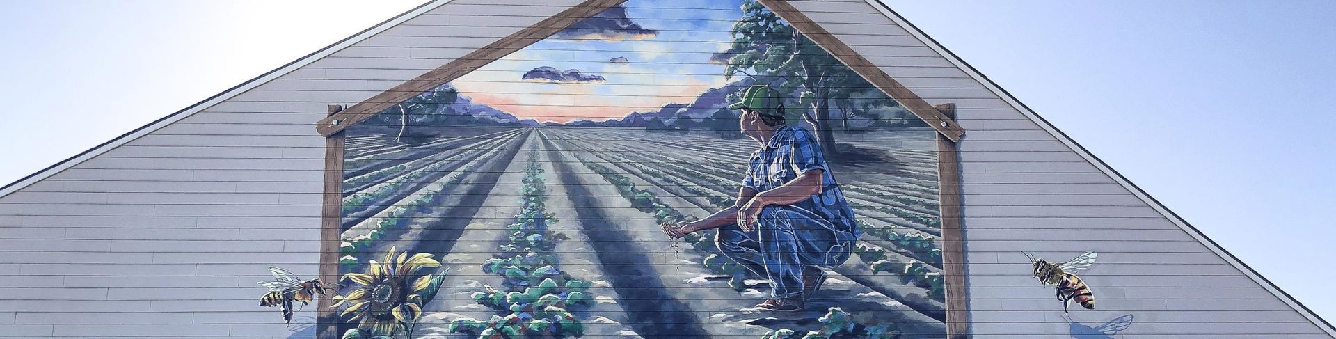 Mural of a field with rows of plants and a figure in a blue shirt.