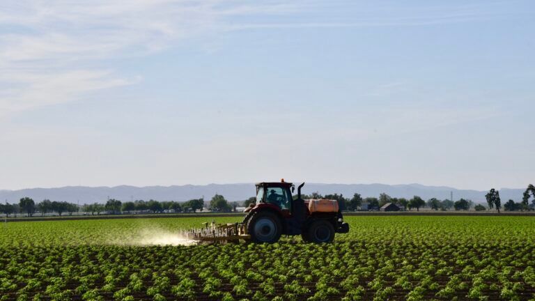 Tractor spraying crops in a green field under a clear blue sky.