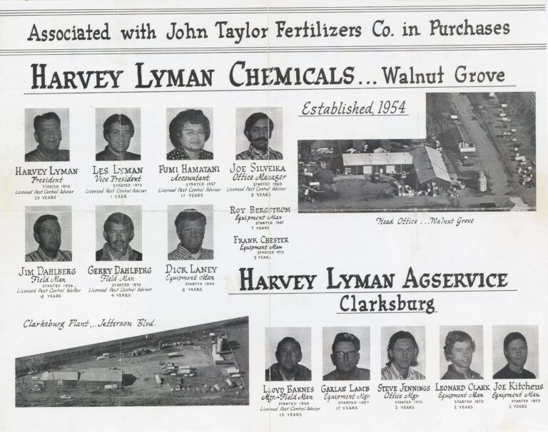 Advertisement for Harvey Lyman Chemicals and Agservice, featuring employee photos and plant locations.
