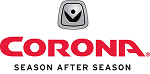 Corona logo with a red wordmark and a silver emblem. 