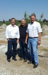Three men standing outdoors on a sunny day. They are wearing shirts and jeans, posing near a field.