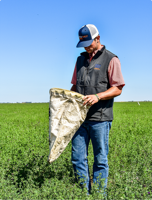 Man in a field examining a bag, wearing a hat, vest, and jeans. Green field, blue sky.