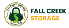 Fall Creek Storage logo with green and gold text and circular Mason, MO emblem