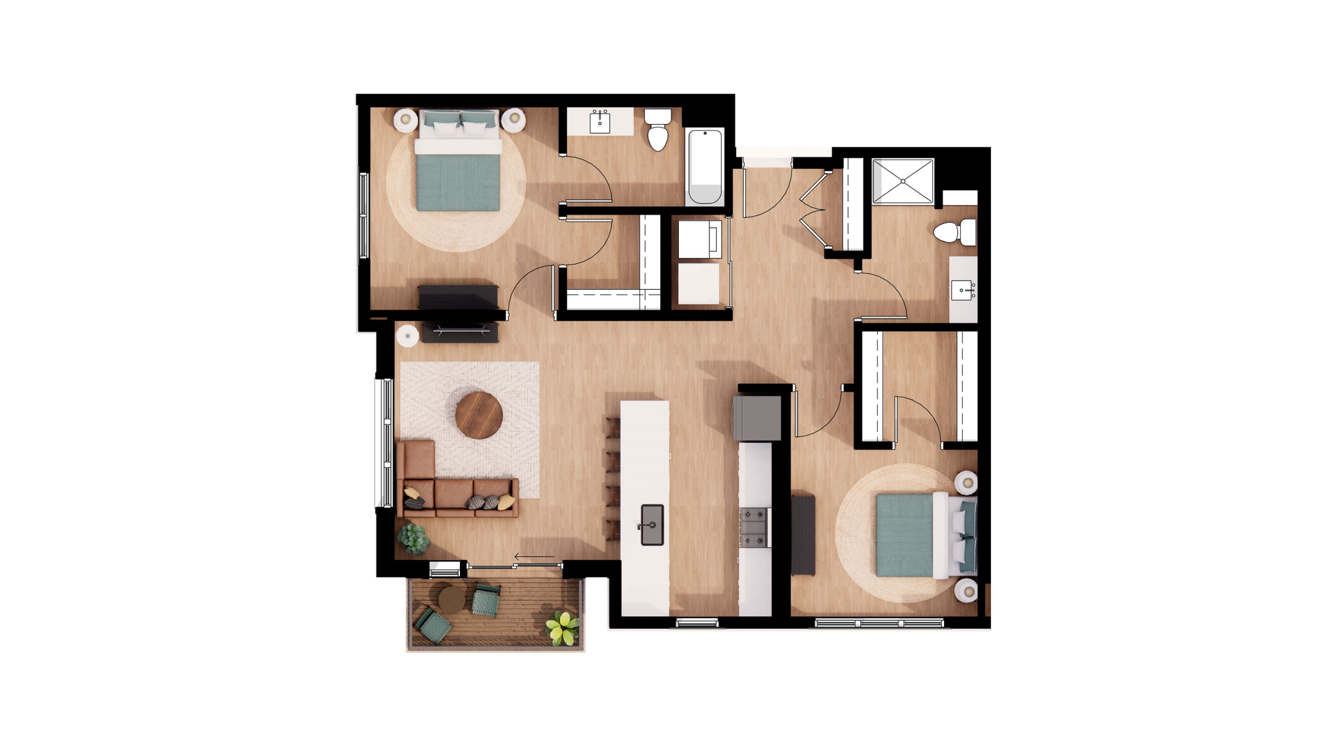 Top-down apartment floor plan with two bedrooms, two bathrooms, kitchen, and living area in beige tones