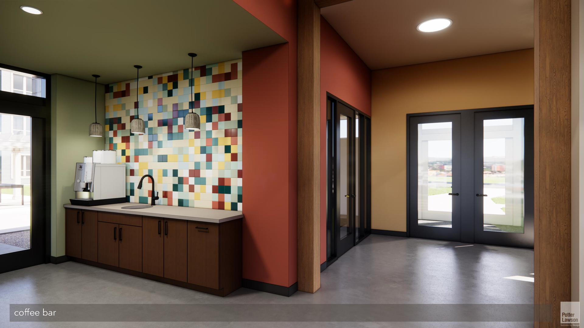 Modern lobby with coffee station, colorful tile wall, and glass double doors leading outside