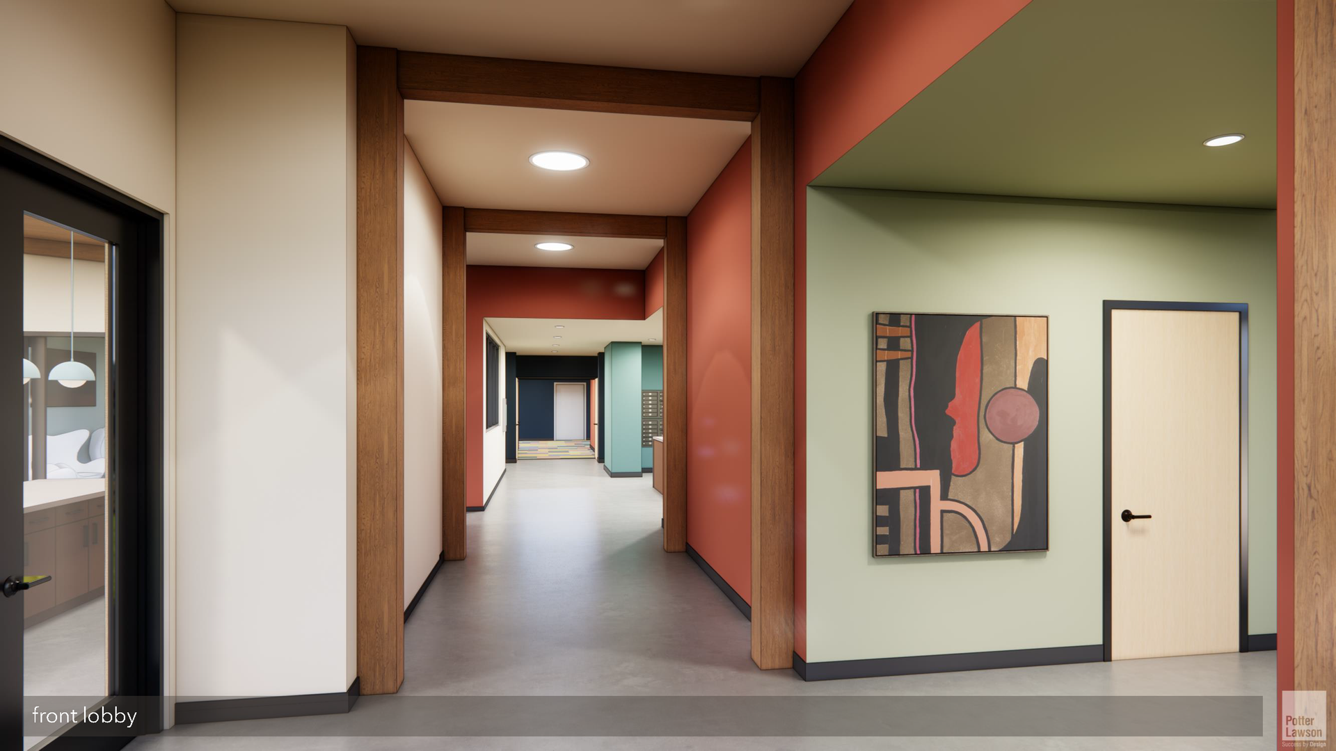 Empty hallway with beige and salmon walls, framed art, doors, and recessed ceiling lights