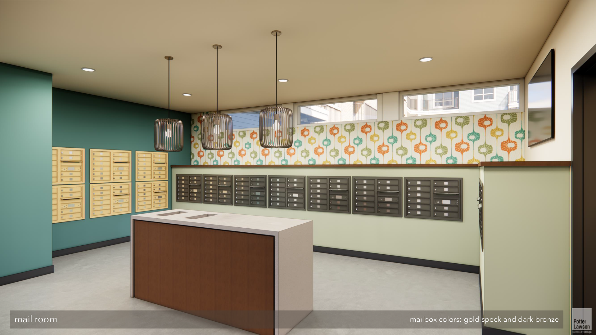 Modern café counter interior with teal walls, pendant lights, and menu boards behind the register.
