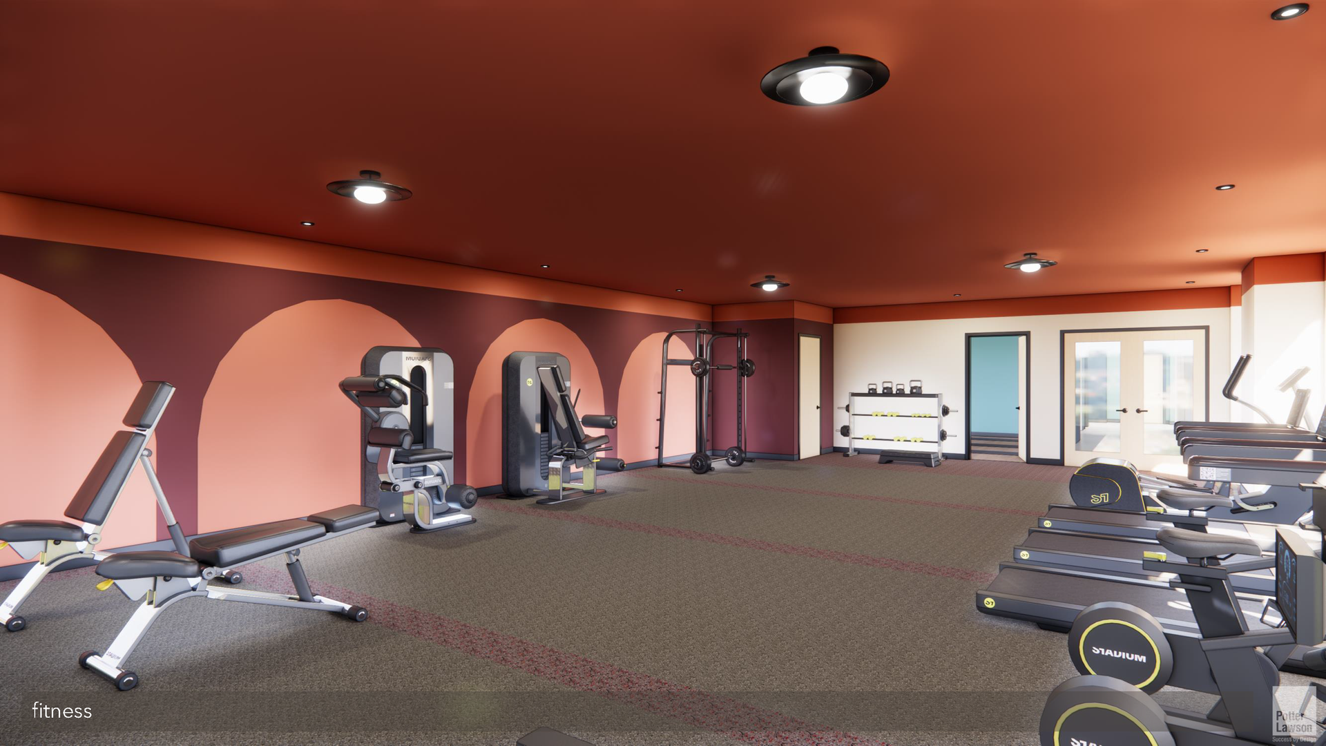 Modern gym interior with exercise machines, treadmills, and windows along a curved wall