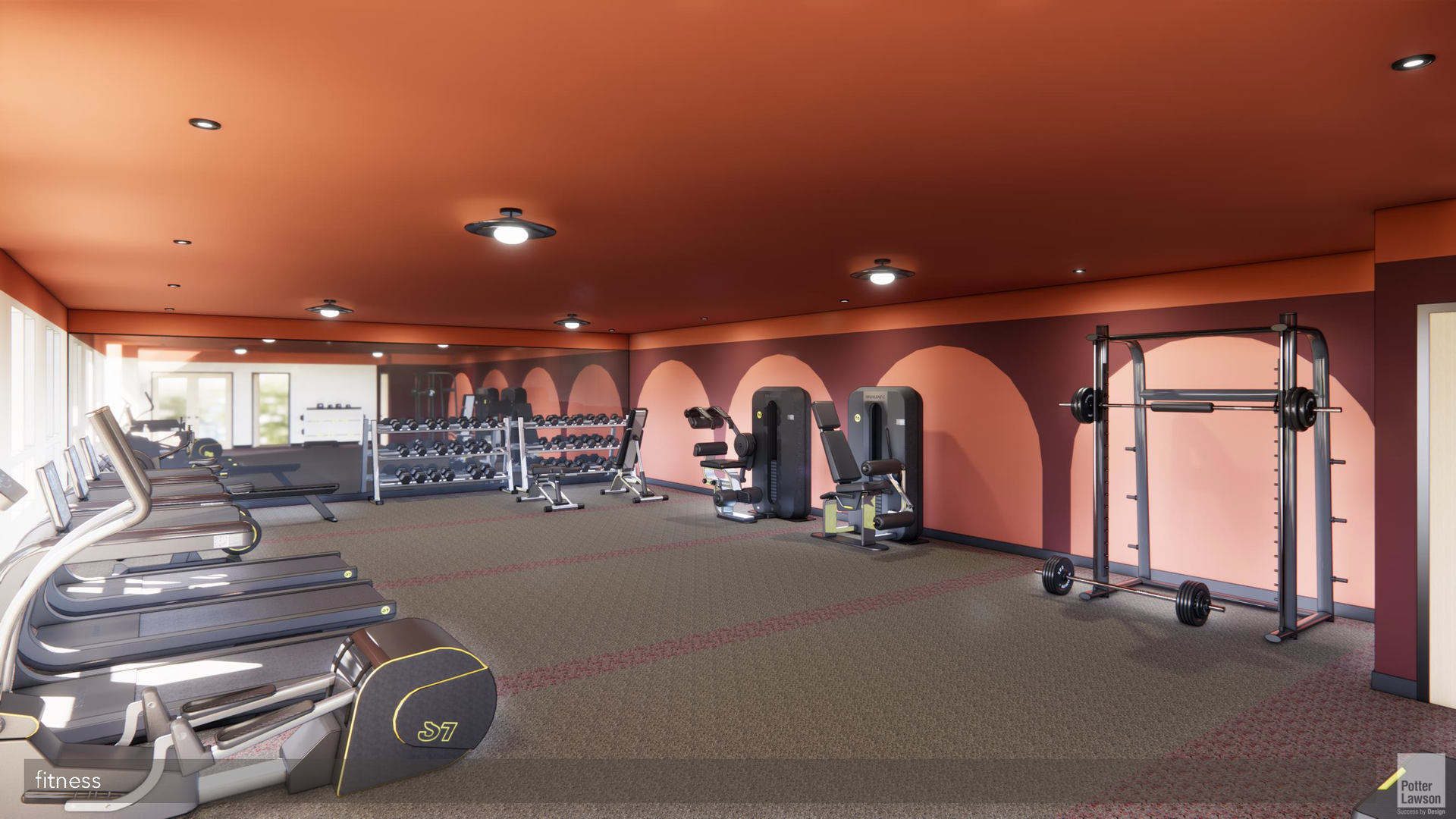 Modern gym interior with treadmills, weight machines, and exercise equipment under warm lighting