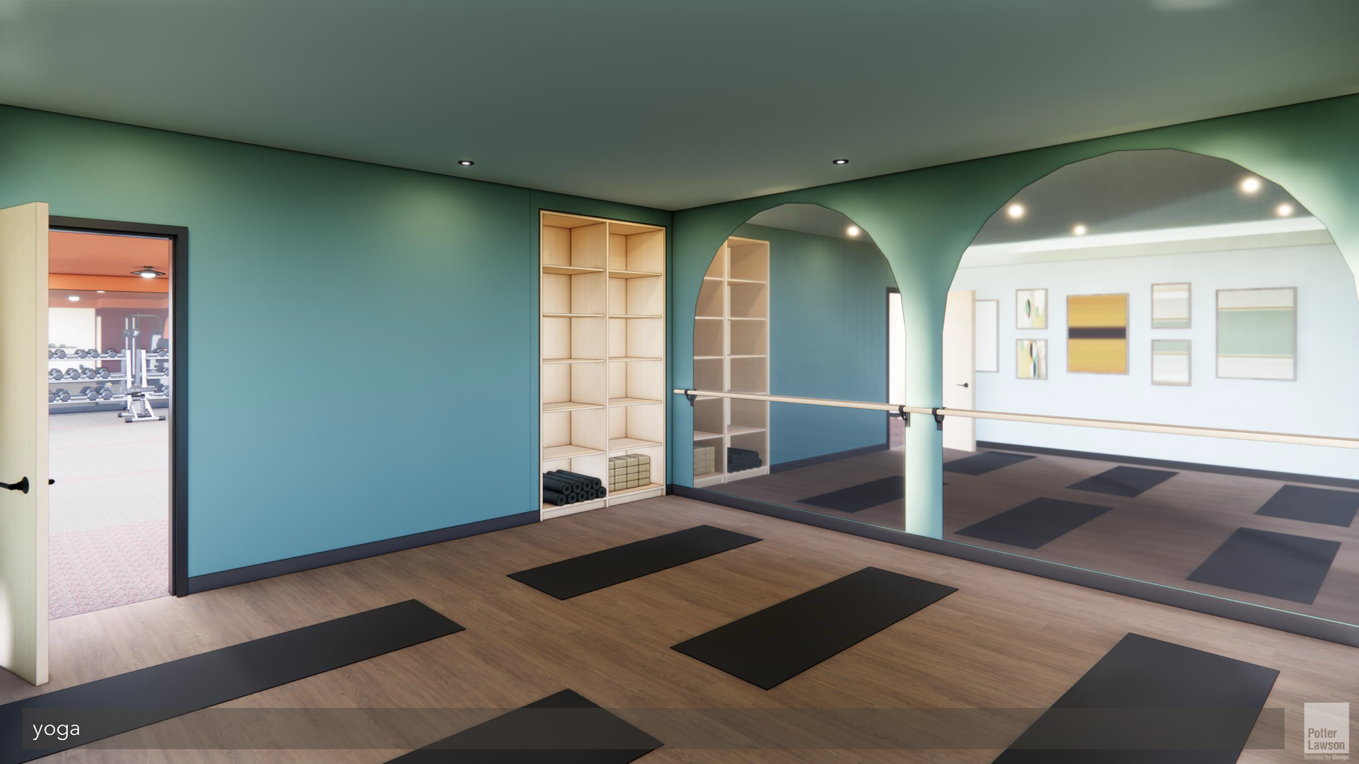 Empty room with teal walls, arched openings, and patterned carpet tiles, lit by daylight from windows and a doorway.
