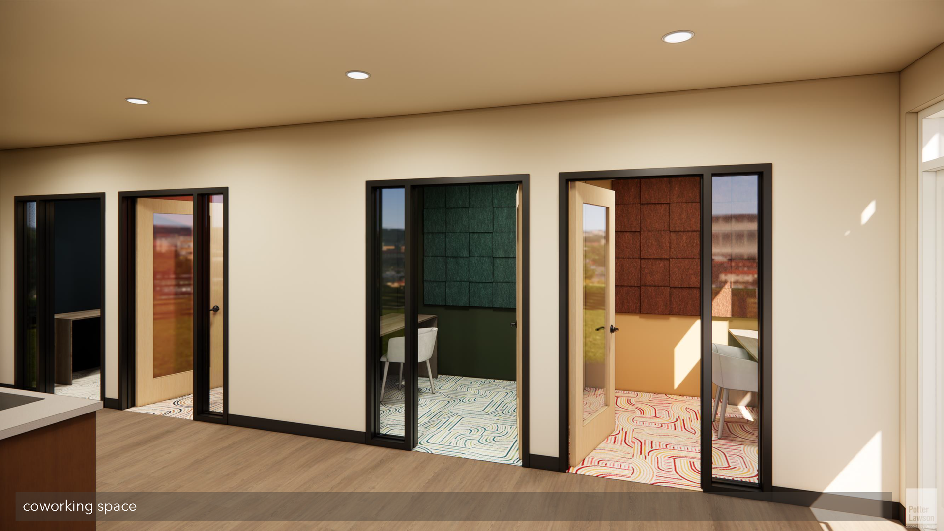 Empty modern room with multiple open glass doors, beige walls, and wood flooring.