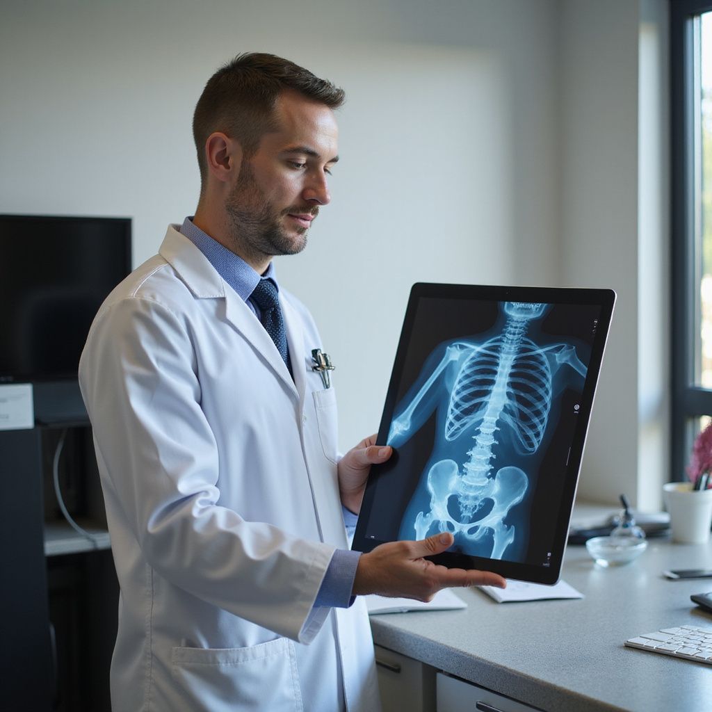 Doctor holding up and examining an X-ray of a human skeleton.