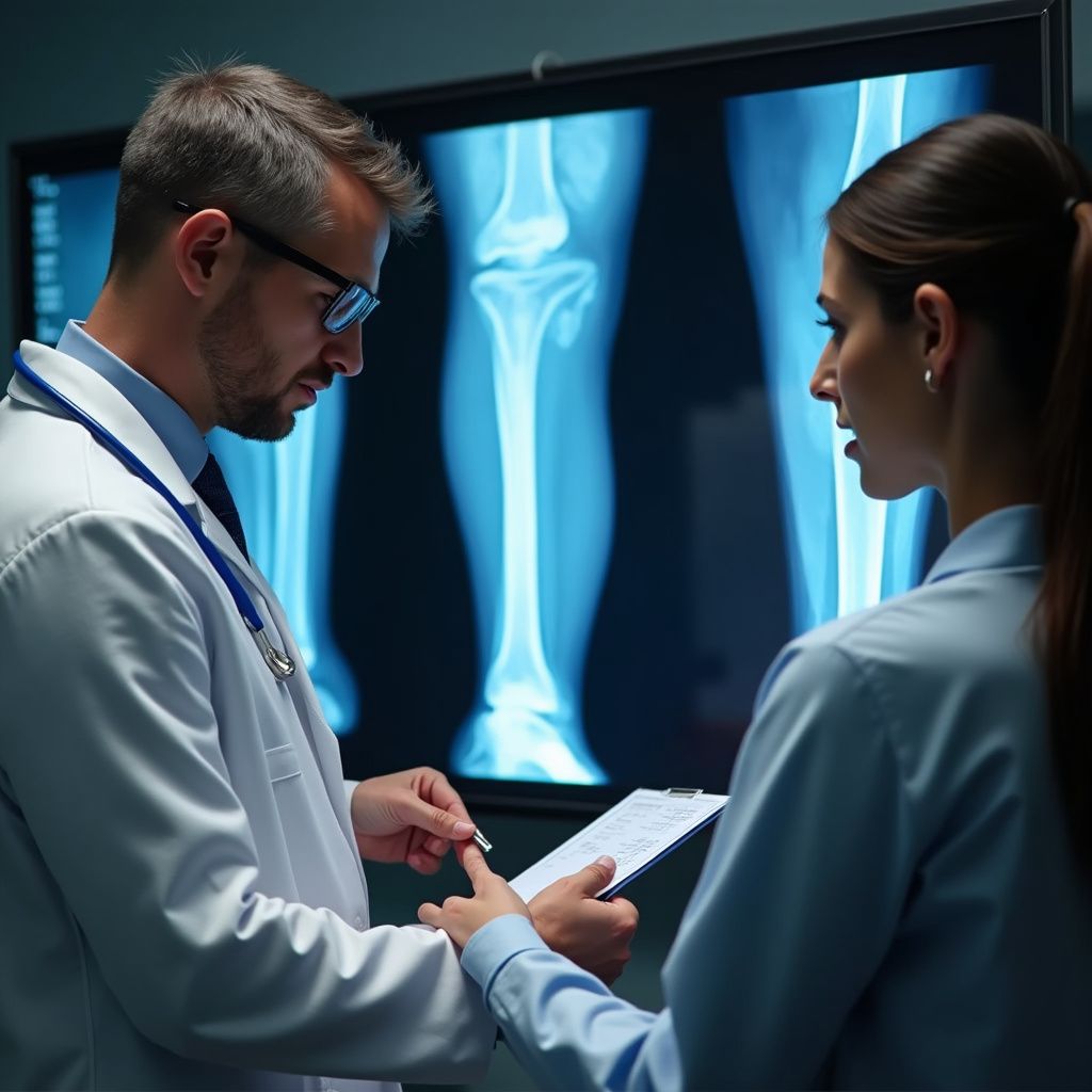 Doctor and nurse reviewing X-ray of a leg, in a hospital setting.