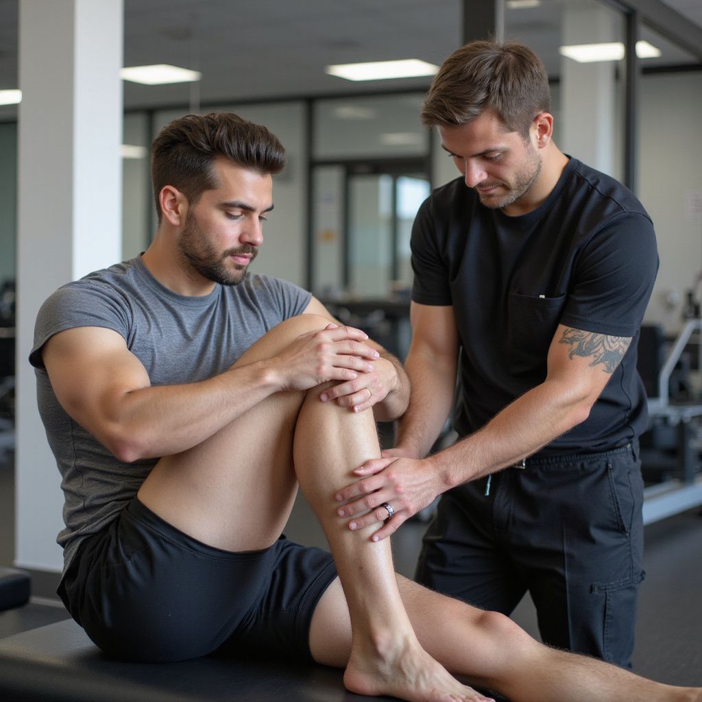 Man receiving physical therapy on his knee in a gym; therapist examining leg.