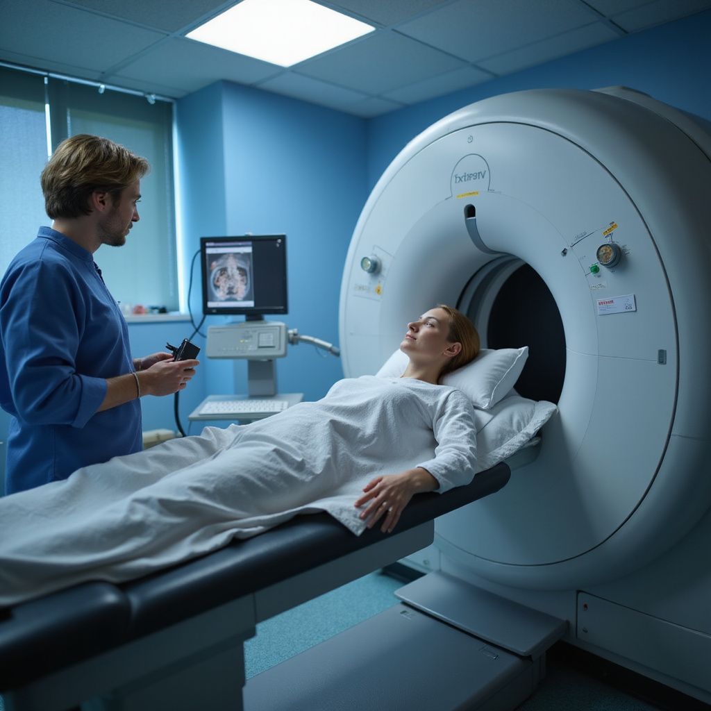 A medical worker operates a CT scanner on a patient. The setting is a blue-lit medical room.