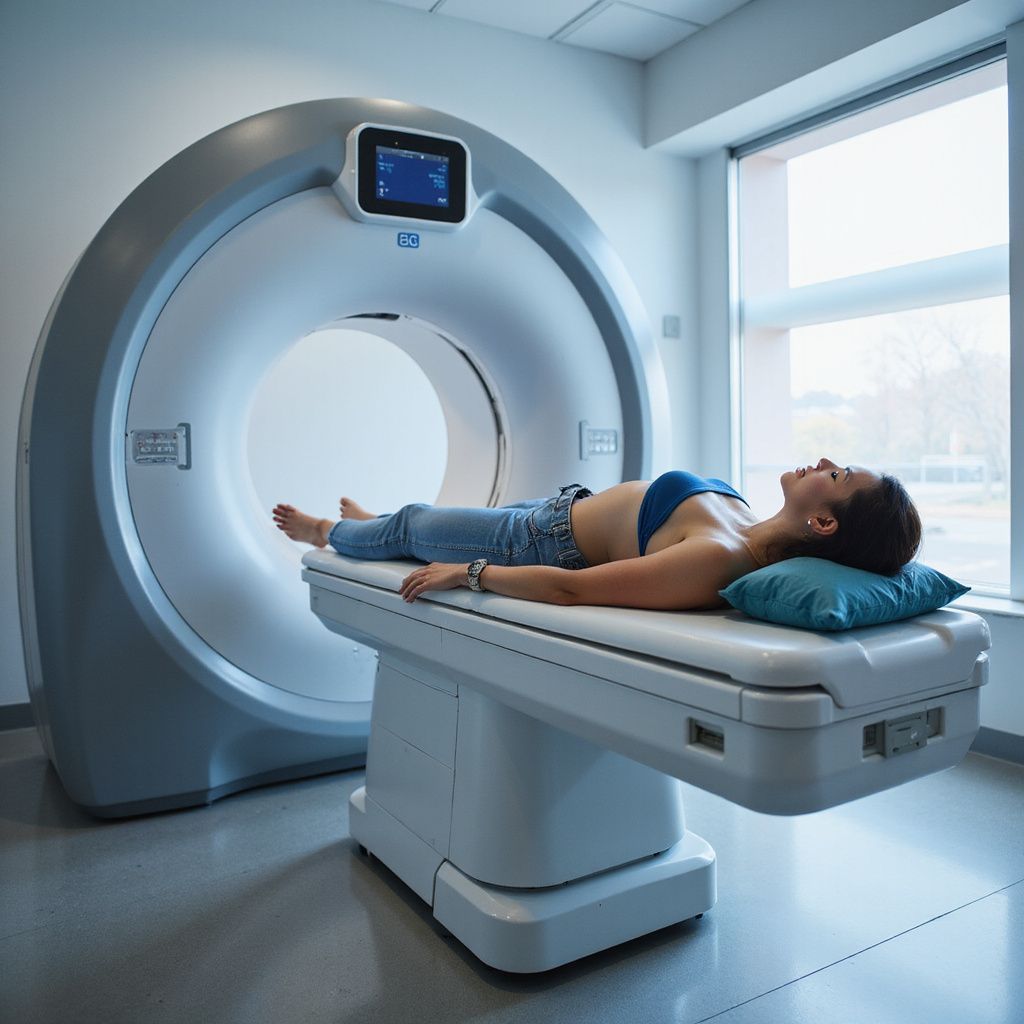 Woman lying on a medical scanner table, inside a CT scan machine.