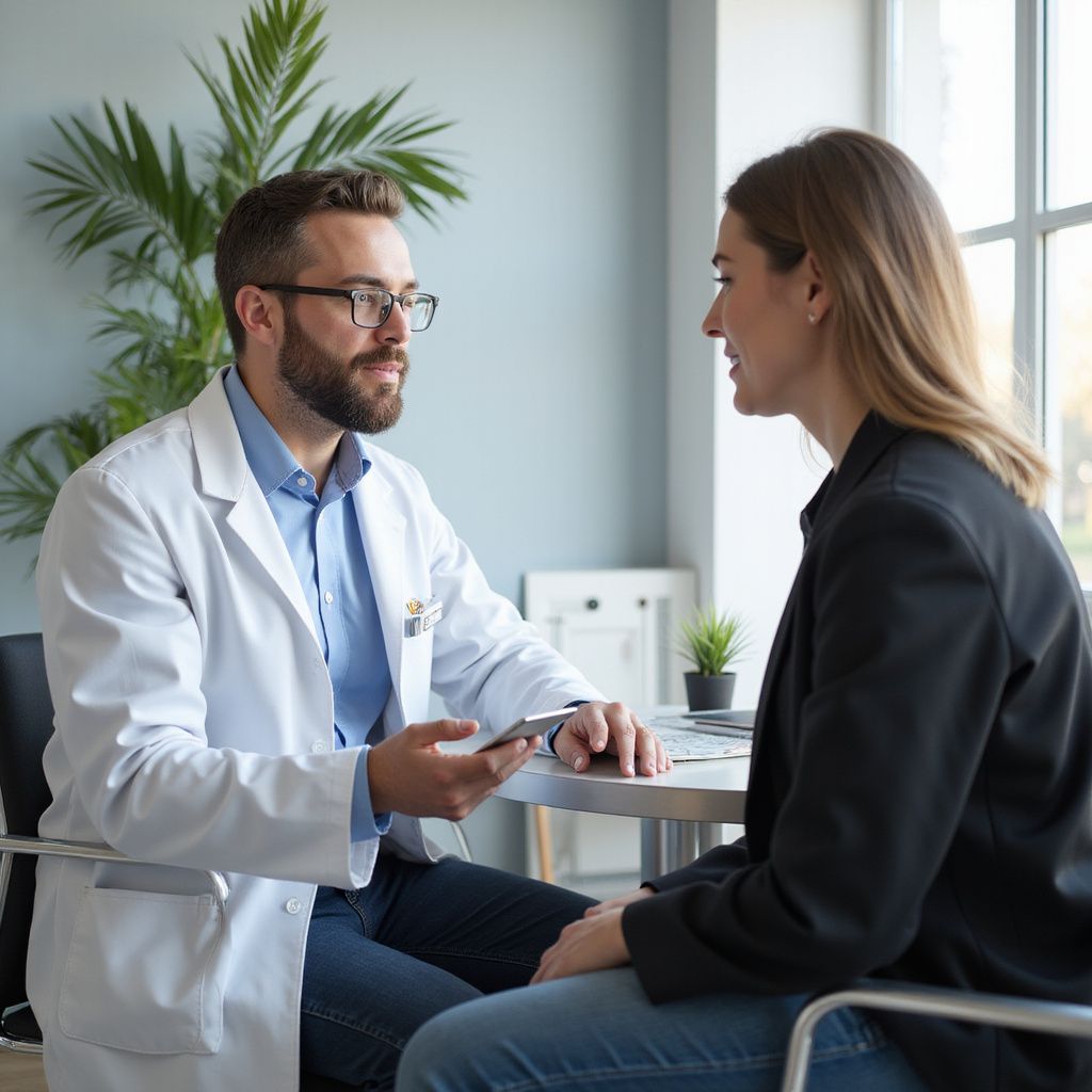 Doctor in a white coat and glasses talking with a woman in an office setting.