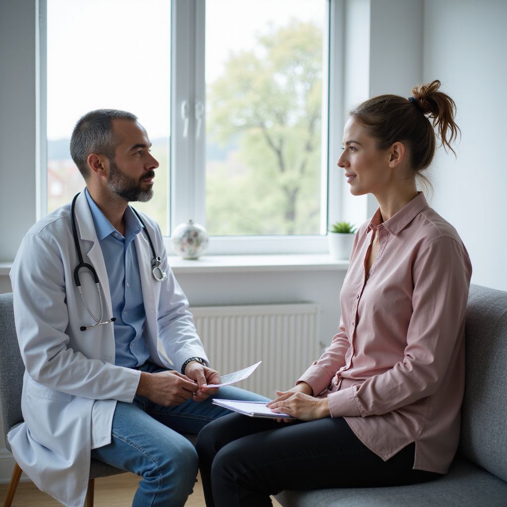 Doctor in lab coat with patient in pink shirt, having a consultation indoors by a window.