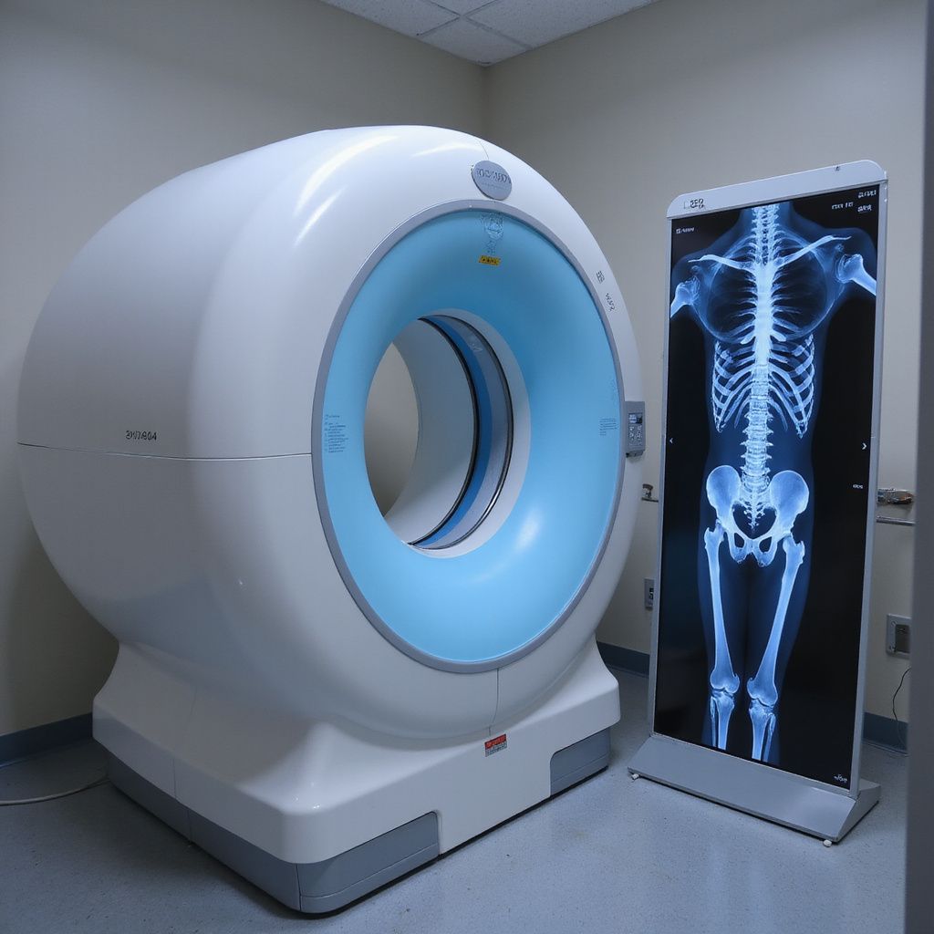 CT scanner with light blue ring, next to a skeletal X-ray.