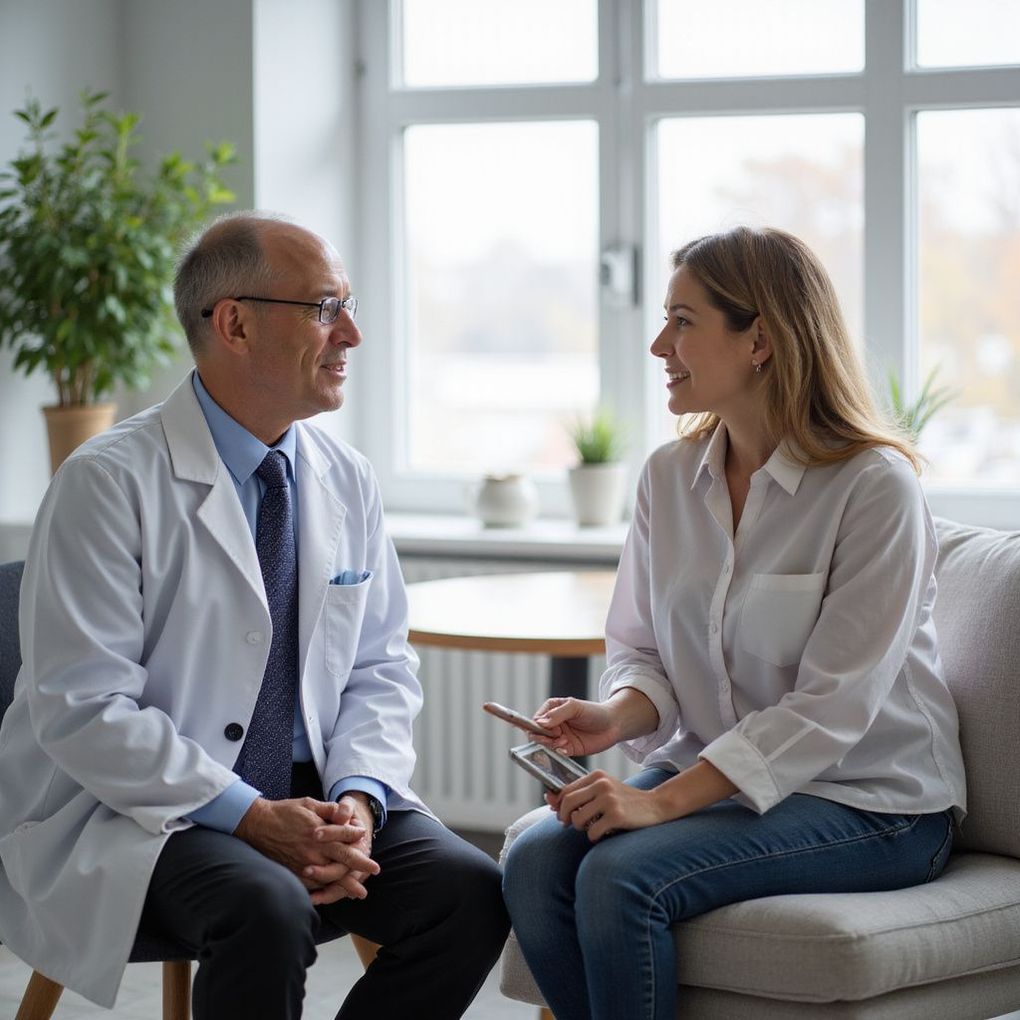 Doctor in white coat and patient in jeans have friendly discussion in a room with a window.