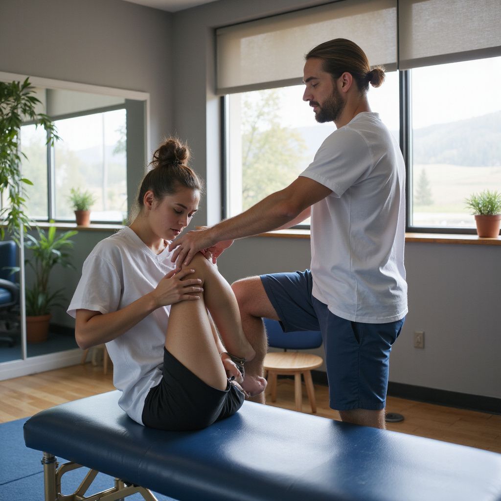 Physical therapist examining a woman's knee on a therapy table in a bright room with a window.