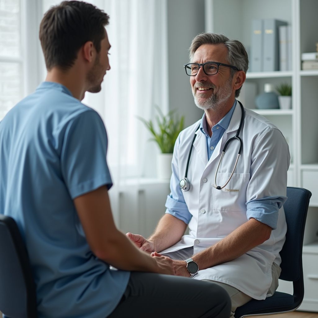 Doctor in white coat smiling at a patient in blue scrubs during a consultation.