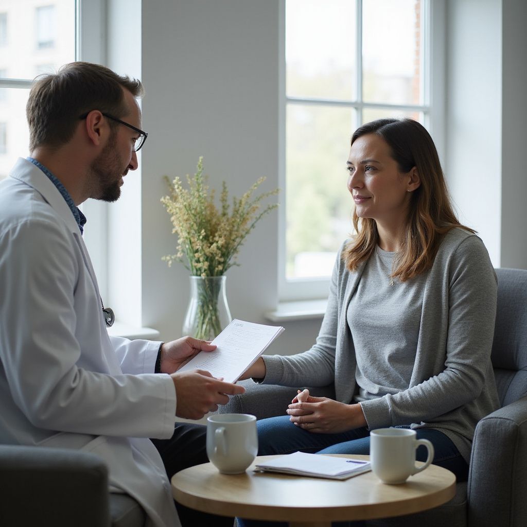 Doctor in a white coat reviewing papers with a woman in a gray sweater in a room, mugs on a table.