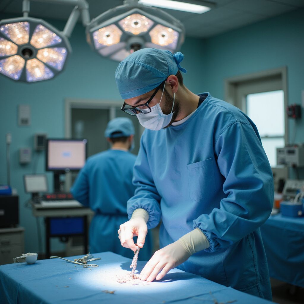 Surgeon in scrubs operates in a sterile operating room under bright lights.
