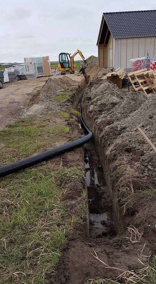 Et stort rør er ved at blive installeret i jorden ved siden af ​​et hus.